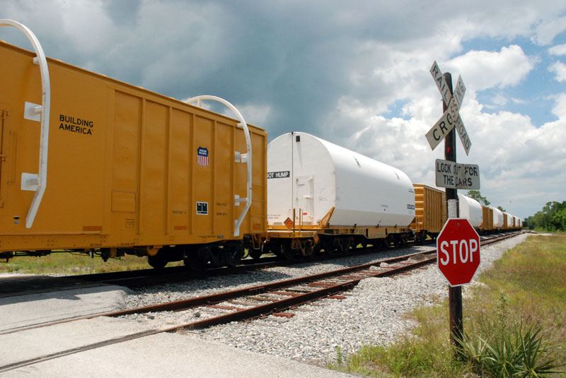 Final shuttle booster segments arrive by train