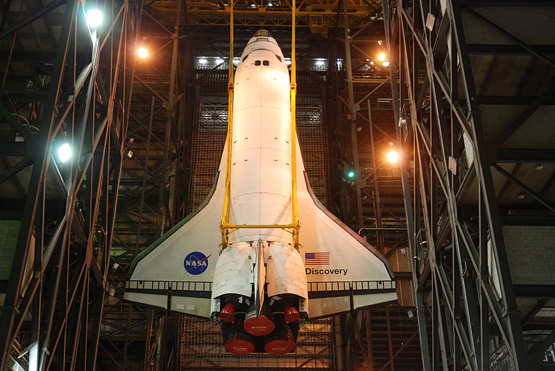 Shuttle Discovery mated with its final boosters and tank