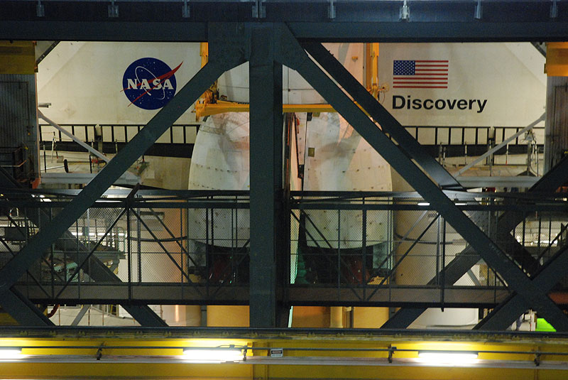 Shuttle Discovery mated with its final boosters and tank