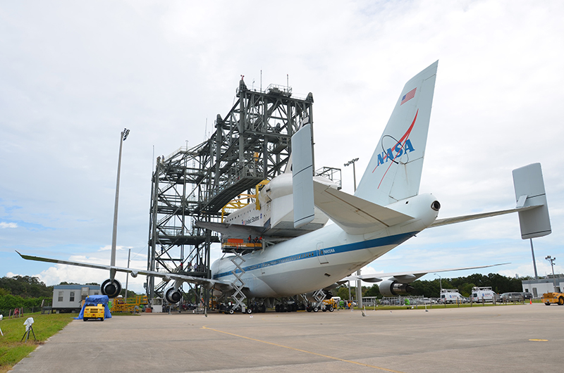 Space shuttle Endeavour mounted on 747 jet for final flight to L.A.