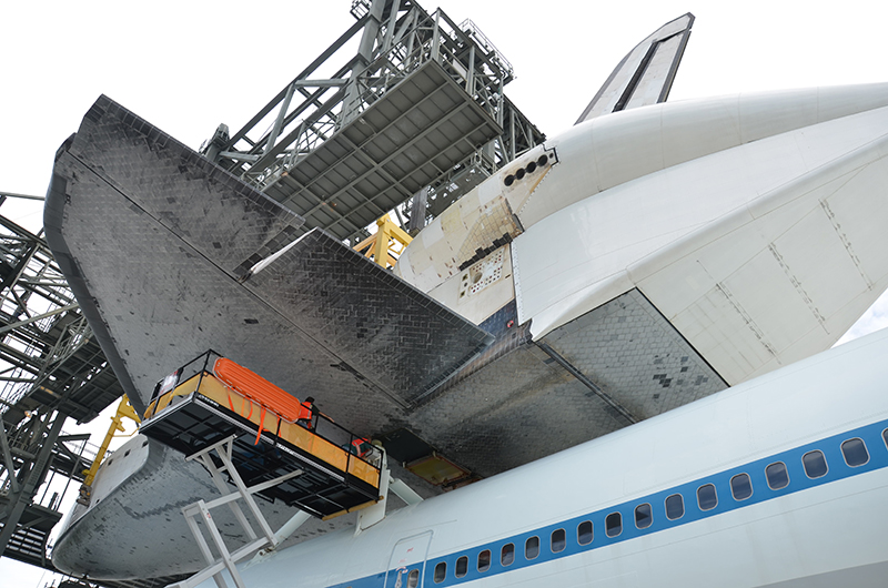 Space shuttle Endeavour mounted on 747 jet for final flight to L.A.