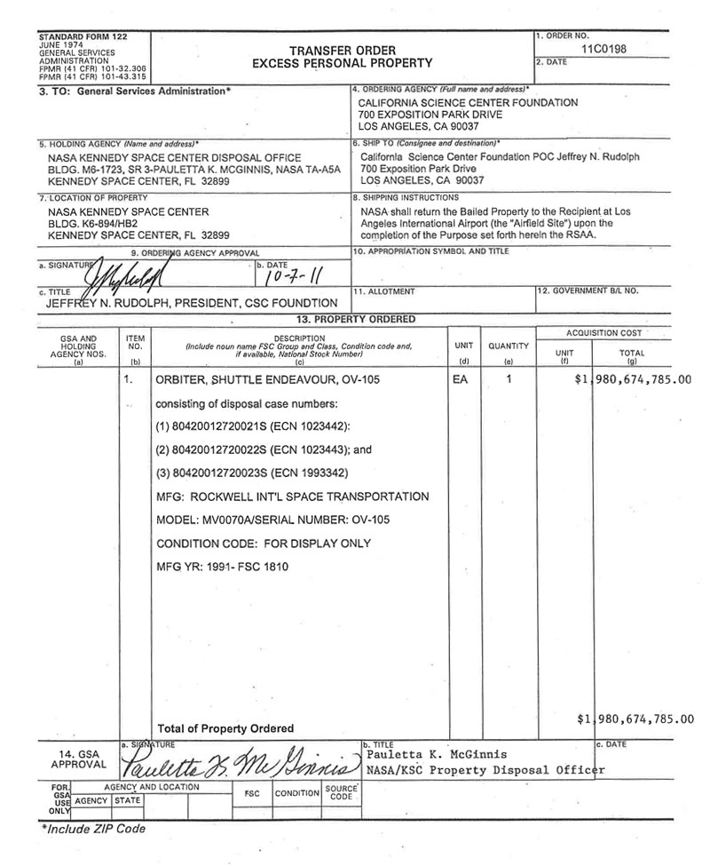 NASA Transfer Order: Excess Property: Space Shuttle Endeavour (OV-105)